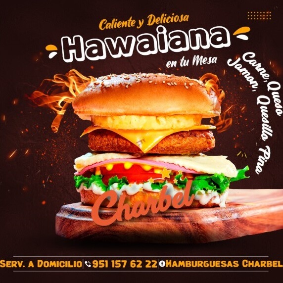 Hamburguesa Hawaiana con carne, queso, jamón, quesillo y piña